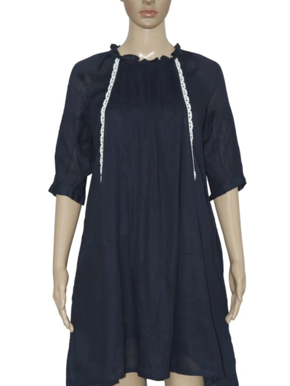 Anthropologie Crochet Lace Trim Quarter Sleeve Ruffle Navy Tunic Dress XS
